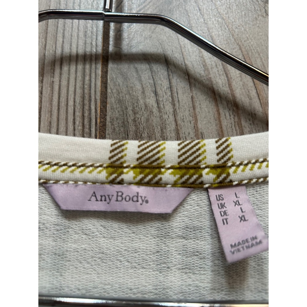 AnyBody Womens Large Plaid Long Sleeve Crew Neck Top Olive Green Cream Cotton - Picture 4 of 7
